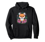 Cartoon kawaii fox with colorful roses Pullover Hoodie