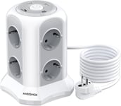 Multiprises Prises (16A/4000W),8 Prises Et 2 Usb-A+2 Usb-C, Avec Parafoudre Multiprise Verticale Multiprise Electrique Et 2M Câble La Maison Et Au Bureau (Blanc)