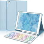 Coque Clavier Pour Ipad 9/8/7ème Gén 10.2 Pouces - Azerty Français Clavier Rétroéclairé 7 Couleurs Bluetooth Détachable Sans Fil, Étui Pour Ipad Air 3 10.5"", Bleu Clair