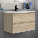 Meuble de salle de bain avec lavabo, 80 cm, 2 tiroirs avec fermeture amortie, meuble suspendu chêne