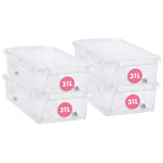 SmartStore 31L Clear Plastic Underbed Storage Boxes with Wheels - Set of 4 - Transparent - Stackable and Nestable - 10 Year Guarantee- Food Safe and BPA Free - White Clip Locked - L72 x W40 x H19 cm