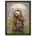 Artery8 Picking Flowers in the Rain Oil Painting Cute Sloth with an Umbrella in a Wildflower Meadow Kids Bedroom Artwork Framed Wall Art Print A4