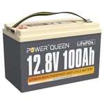 Power Queen Batterie 12V 100Ah LiFePO4, Rechargeable Batterie avec 100A Protection BMS et 4000-15000 Cycles Profonds, sans Entretien Parfait pour Camping-Car, Système Solaire, pour RV