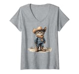 Womens Black Cat in Cowboy Boots V-Neck T-Shirt