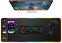 Tapis Souris RGB Gaming avec 15W Charge sans Fil Rapide, XXL 800x300x4mm Grand Mousepad avec 10 LED Modes d'Éclairage, Surface Lisse de Qualité Supérieure, Antidérapant pour Bureaux PC Bureau