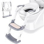 Potty Training Toilet Seat Trainer: Kids Toilet Training Seat with Step Stool - Foldable Portable Potty Chair with Adjustable Height Ladder Guard Handle Soft Cushion White for Baby Toddler Boys Girls