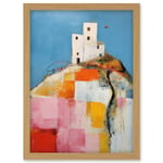 House on the Hill Oil Painting Abstract Geometric Patchwork Palette Knife Pastel Colour Rural Landscape Artwork Framed Wall Art Print A4