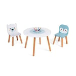 Janod - Table et 2 Chaises Banquise en Bois - Table Ronde Enfant avec Pot à Crayons Amovible - 1 Chaise Ours Blanc et 1 Chaise Pingouin - Idéal pour Enfants de 3 à 6 Ans, J09650