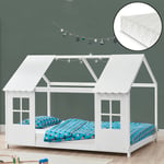 Lit cabane Tostedt pour enfant 90 x 200 cm avec matelas sommier à lattes bois de pin blanc [en.casa]