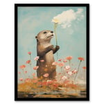The Otters Gift Artwork Floral Watercolour Crimson And Blue Art Print Framed Poster Wall Decor