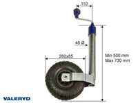 Stödhjul Ø48mm med plastfälg. Luftgummihjul 260x85mm. Belastning 136kg