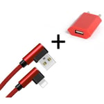 Pack Pour Iphone 11 Pro Max Lightning (Cable 90 Degres Fast Charge + Prise Secteur Couleur) - Rouge