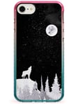 Moon Phase Designs: Wolf & Full Moon Pink Impact Phone Case for iPhone 7, for iPhone 8 | Protective Dual Layer Bumper TPU Silikon Cover Pattern Printed | Space Stars Dark Night Sky