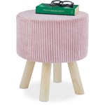 Relaxdays pouf coiffeuse, rond, petit tabouret, rembourré, 4 pieds en bois, velours côtelé, HxD: 41x37 cm, rose