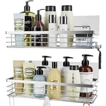 Orimade Shower Caddy Stainless Steel No Drilling Adhesive Wall Mounted Shower Shelf with 5 Hooks Bathroom organiser for Shampoo Conditioner, Rustproof 2 Pack (Silver)