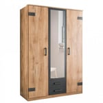 Armoire GALWAY style industriel 135 cm 3 portes 2 tiroirs chêne poutre