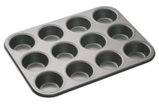 MasterClass KCMCHB7 12 Hole Muffin Tray with PFOA Non Stick, Robust 1mm Carbon Steel, 35 x 27cm Cupcake Tin , Grey