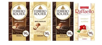 Ferrero Rocher Original Milk,White Chocolate & Hazelnut, Hazelnut Dark 55% Bars