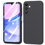 BUTISHIYU Coque en Silicone Compatible avec Samsung Galaxy A15 4G / 5G avec Protecteur D'écran en Verre Trempé,étui de Protection Complète,Housse Doublure Douce en Tissu Microfibre,Anti-Chocs - Noir