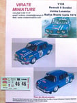 V138 RENAULT 8 GORDINI JORMA LUSENIUS RALLYE MONTE CARLO 1970 DECALS VIRATE 1/43