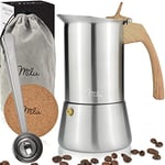 Milu Espresso Maker Induction Hob | 2, 4, 6, 9 Cup| Stainless Steel Espresso Pot, Stovetop Moka Pot, Coffee Maker, Set Including Coaster, Spoon, Brush (Handle: Wood optics, 4 Cups 200ml)