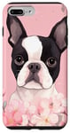 Coque pour iPhone 7 Plus/8 Plus Boston Terrier et fleurs de cerisier roses en rose