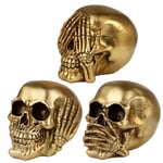 Puckator Set of 3 Hear No Speak No See No Evil Gold Skulls - Home Living Room Decoration - Gifts For Men Women