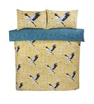 Rapport Home Crane Birds Kingsize Bedding: Luxurious Reversible Microfibre Duvet Cover Set in Ochre with 180 Threadcount