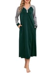 Lovasy Chemise de Nuit Manche Longue Coton pour Femme Vetement de Nuit Grande Taille avec Poches A-Vert foncé XXL