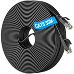 Cable Ethernet 30m Plat, Câble Réseau Cat 6 Cable RJ45 30 Mètres Très Long Haut Débit Fibre 1000Mbit/s Fil Ethernet Gigabit Noir Cable LAN Internet pour Switch Routeur