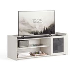 Mondeer Meuble TV, avec 1 Porte et 2 Étagères de Rangement, Verre Trempé Moderne, pour un Téléviseur de 55 Pouces, Blanc Crème