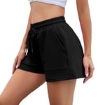 Irdcomps Short Sport Femme Eté Shorts de Sport Coton Bas de Survêtement Court Couleur Unie Short Décontracté Short de Course à Pied Pantalon Court avec Poches pour Yoga Fitness Running Noir XL