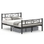 VASAGLE Lit 2 Personnes, Double, Lit 2 Places, en Métal, Convient pour Matelas de 140 x 190 cm, Montage Facile, pour Petits Espaces, Chambre d’Amis, Ado, Noir d'encre RMB063B01