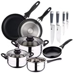 SAN ignacio pk331 set trois poêles + batterie de cuisine 5 pièces + lot de Couteaux, chromé