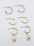 John Lewis Faux Pearl and Crystal Mini Half Hoop Earrings, Set of 3 Pairs, Gold