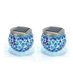 2 Solar Powered Garden Lantern Lights Glass Mosaic Effect Blue Jar Lamp Lawn Led