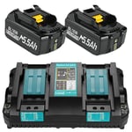 2 x 18V 5.5Ah BL1850 Batteries + 6A DC18RD Dual Port Charger Compatible with Makita Battery 14.4V-18V BL1850 BL1830 BL1860 BL1840 and DC18RD DC18RC DC18SF DC18RCT DC18RF Charger