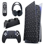 PlayVital Autocollants Skin Decal pour ps5 Manette,Sticker Vinyle Habillages pour ps5 Console Édition Numérique&Station de Charge&Casque&Télécommande Média-Noir Diamant Métal Texture