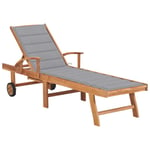 Helloshop26 - Transat chaise longue bain de soleil lit de jardin terrasse meuble d'extérieur avec coussin gris bois de teck solide - Bois