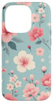 iPhone 14 Pro Pastel Pink White Flowers Light Blue Background Pattern Case