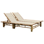 Transat Chaise Longue Bain De Soleil Lit De Jardin Terrasse Meuble D'extérieur Pour 2 Personnes 200 Cm Avec Coussins Bambou Helloshop26 02_0012907