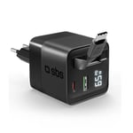 SBS Chargeur GaN 65W, câble USB-C intégré rétractable, écran, Port USB-C, Port USB-A, Prise européenne, Power Delivery, idéal pour Smartphones Android, iPhone, Tablette, MacBook, Ordinateur Portable