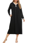 Lovasy Chemise de Nuit Manche Longue Coton pour Femme Vetement de Nuit Grande Taille avec Poches B-Noir XXL