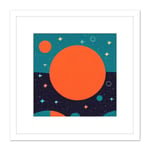 Abstract Planets In Space Cosmos Stars Orange Turquoise Painting Square Wooden Framed Wall Art Print Picture 8X8 Inch