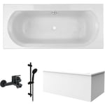 Jacob Delafon - Pack baignoire droite 170 x 75 Elise + tablier angle + pommeau et mitigeur bain noir mat Aimé + vidage