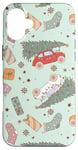 Coque pour iPhone 16 Plus Retro Christmas Santa Trees Checker Snowflakes Pink