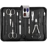 Kit manucure Solingen 12 pièces - kit ongle, coupe ongle, limes a ongles professionnelle, pince a epiler, repousse ongles, pousse cuticule, cuir noir