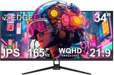 Z-Edge Ecran Pc Gamer 34'',Uwqhd(3440X1440),165 Hz,Ips Panel,1Ms,Moniteur Ultrawide 21:9,Amd Freesync,300Cd/M²,2* Dp1.4 & Hdmi2.0,Rgb,Inclinaison Réglable,Vesa 75 * 75Mm (Dp Câble Inclus)