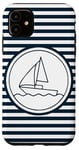 Coque pour iPhone 11 Bleu nautique Bleu Marine Blanc Yacht Voilier Logo Rayures