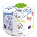 Aladine - Stampo Baby Ferme - Kit Tampons Enfant - Activités Manuelles Bébé - Encre Lavable - Jouets et Jeux Créatifs- Boîte de 4 Tampons + Grand Encreur Bleu Inclus - Dès 18 mois